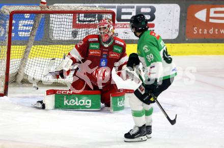 Eishockey ICE Bundesliga. KAC gegen Olimpija Ljubljana. Sebastian Dahm  (KAC),  Zach Boychuk (Olimpija Ljubljana). Klagenfurt, am 26.10.2025
Foto: Kuess
---
pressefotos, pressefotografie, kuess, qs, qspictures, sport, bild, bilder, bilddatenbank