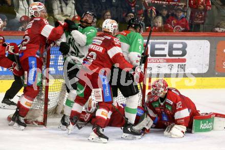 Eishockey ICE Bundesliga. KAC gegen Olimpija Ljubljana.  Thimo Nickl, Clemens Unterweger, Sebastian Dahm (KAC), Marly Quince, Evan Polei  (Olimpija Ljubljana). Klagenfurt, am 26.10.2025
Foto: Kuess
---
pressefotos, pressefotografie, kuess, qs, qspictures, sport, bild, bilder, bilddatenbank