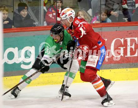 Eishockey ICE Bundesliga. KAC gegen Olimpija Ljubljana.  Nicholas Eric Petersen (KAC),  Lovro Kumanovic (Olimpija Ljubljana). Klagenfurt, am 26.10.2025
Foto: Kuess
---
pressefotos, pressefotografie, kuess, qs, qspictures, sport, bild, bilder, bilddatenbank