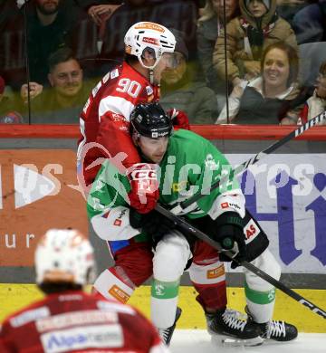 Eishockey ICE Bundesliga. KAC gegen Olimpija Ljubljana.  Matthew Fraser (KAC),  Bine Masic (Olimpija Ljubljana). Klagenfurt, am 26.10.2025
Foto: Kuess
---
pressefotos, pressefotografie, kuess, qs, qspictures, sport, bild, bilder, bilddatenbank