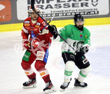 Eishockey ICE Bundesliga. KAC gegen Olimpija Ljubljana.  Mario Kempe (KAC),  Alex Petan (Olimpija Ljubljana). Klagenfurt, am 26.10.2025
Foto: Kuess
---
pressefotos, pressefotografie, kuess, qs, qspictures, sport, bild, bilder, bilddatenbank