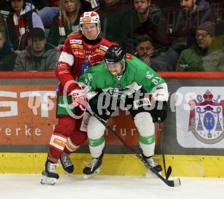 Eishockey ICE Bundesliga. KAC gegen Olimpija Ljubljana.  Tobias Sablattnig (KAC),  Lovro Kumanovic (Olimpija Ljubljana). Klagenfurt, am 26.10.2025
Foto: Kuess
---
pressefotos, pressefotografie, kuess, qs, qspictures, sport, bild, bilder, bilddatenbank