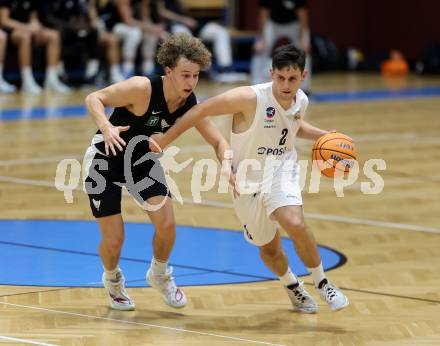Basketball 2. Liga 2025/2026. Grunddurchgang 6. Runde.  KOS Celovec gegen Raiders Tirol.   Jure Bavdek (KOS),  Felix Erath (Tirol). Klagenfurt, am 8.11.2025.
Foto: Kuess
---
pressefotos, pressefotografie, kuess, qs, qspictures, sport, bild, bilder, bilddatenbank