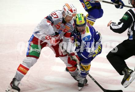 Eishockey ICE Bundesliga.  Winn2day ICE Hockey League. VSV gegen KAC.  Kevin Hancock  (VSV),  Thomas Hundertpfund  (KAC). Villach am 14.11.2025.
Foto: Kuess
www.qspictures.net
---
pressefotos, pressefotografie, kuess, qs, qspictures, sport, bild, bilder, bilddatenbank