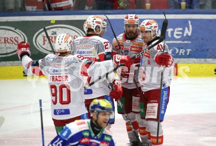 Eishockey ICE Bundesliga.  Winn2day ICE Hockey League. VSV gegen KAC. Torjubel Thomas Hundertpfund, Raphael Herburger, Jordan Murray, Jesper Jensen Aabo, Matt Fraser   (KAC). Villach am 14.11.2025.
Foto: Kuess
www.qspictures.net
---
pressefotos, pressefotografie, kuess, qs, qspictures, sport, bild, bilder, bilddatenbank