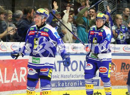 Eishockey ICE Bundesliga.  Winn2day ICE Hockey League. VSV gegen KAC.  Jubel Philipp Lindner, Luca Erne (VSV). Villach am 14.11.2025.
Foto: Kuess
www.qspictures.net
---
pressefotos, pressefotografie, kuess, qs, qspictures, sport, bild, bilder, bilddatenbank
