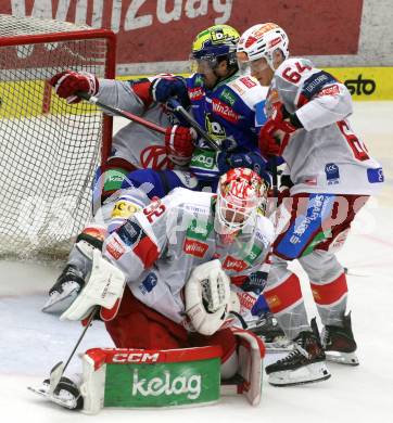 Eishockey ICE Bundesliga.  Winn2day ICE Hockey League. VSV gegen KAC.  Adam Helewka (VSV), Jordan Murray, Maximilian Preiml  (KAC). Villach am 14.11.2025.
Foto: Kuess
www.qspictures.net
---
pressefotos, pressefotografie, kuess, qs, qspictures, sport, bild, bilder, bilddatenbank