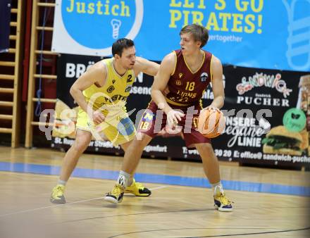 Basketball 2. Liga 2025/2026. Grunddurchgang 7. Runde.  Woerthersee Piraten gegen Traiskirchen Lions NexGen. Jan-Arne Apschner  (Piraten),  Jakob Leitner (Traiskirchen). Klagenfurt, am 15.11.2025.
Foto: Kuess
---
pressefotos, pressefotografie, kuess, qs, qspictures, sport, bild, bilder, bilddatenbank