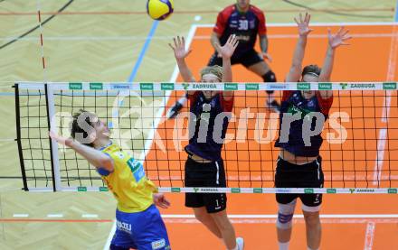 Volleyball Bundesliga. AVL. Austrian Volleyball League.   Aich/Dob gegen VBK Kelag Woerther-See-Loewen Klagenfurt.  Jan Jirasek (Aich/Dob), Elias Benedikt Holzinger, David Marius Petschnig  (VBK Klagenfurt). Bleiburg, am 15.11.2025.
Foto: Kuess
www.qspictures.net
---
pressefotos, pressefotografie, kuess, qs, qspictures, sport, bild, bilder, bilddatenbank
