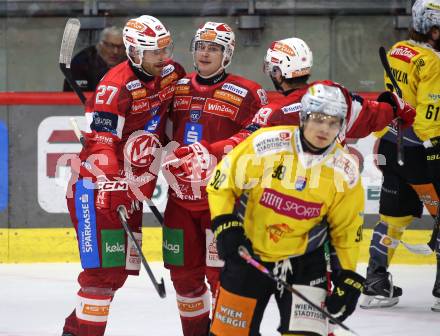 Eishockey ICE Bundesliga.  Winn2day ICE Hockey League. KAC gegen Vienna Capitals.  Torjubel Thomas Hundertpfund, Finn Van Ee, Raphael Herburger  (KAC). Klagenfurt am 21.11.2025.
Foto: Kuess
www.qspictures.net
---
pressefotos, pressefotografie, kuess, qs, qspictures, sport, bild, bilder, bilddatenbank