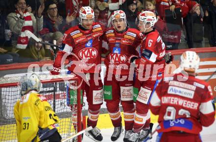 Eishockey ICE Bundesliga.  Winn2day ICE Hockey League. KAC gegen Vienna Capitals.  Torjubel Finn Van Ee, Tobias Sablattnig, Clemens Unterweger Thomas Hundertpfund  (KAC). Klagenfurt am 21.11.2025.
Foto: Kuess
www.qspictures.net
---
pressefotos, pressefotografie, kuess, qs, qspictures, sport, bild, bilder, bilddatenbank
