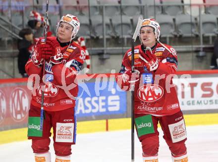 Eishockey ICE Bundesliga.  Winn2day ICE Hockey League. KAC gegen Vienna Capitals. Jubel Clemens Unterweger, Finn Van Ee  (KAC). Klagenfurt am 21.11.2025.
Foto: Kuess
www.qspictures.net
---
pressefotos, pressefotografie, kuess, qs, qspictures, sport, bild, bilder, bilddatenbank