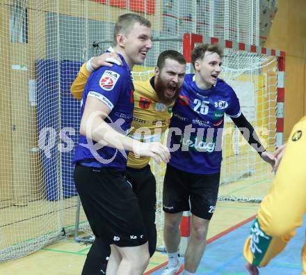 Handball Bundesliga. HLA. SC Ferlach gegen Linz. Jubel Michal Martin Konecny, Florian Ploner (SCF),  (Linz).  Ferlach, am 22.11.2025.
Foto: Kuess
www.qspictures.net
---
pressefotos, pressefotografie, kuess, qs, qspictures, sport, bild, bilder, bilddatenbank