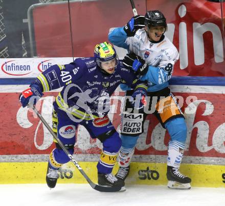 Eishockey ICE Bundesliga.  Winn2day ICE Hockey League. VSV gegen Black Wings Linz.  Elias Wallenta  (VSV),   Luis Lindner  (Linz). Villach am 28.11.2025.
Foto: Kuess
www.qspictures.net
---
pressefotos, pressefotografie, kuess, qs, qspictures, sport, bild, bilder, bilddatenbank