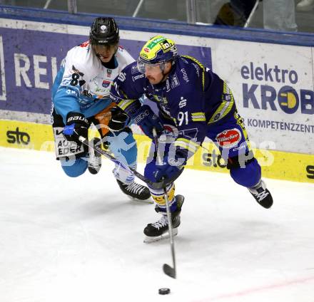 Eishockey ICE Bundesliga.  Winn2day ICE Hockey League. VSV gegen Black Wings Linz.  Nick Hutchison  (VSV),  Luis Lindner  (Linz). Villach am 28.11.2025.
Foto: Kuess
www.qspictures.net
---
pressefotos, pressefotografie, kuess, qs, qspictures, sport, bild, bilder, bilddatenbank