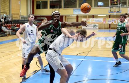 Basketball 2. Liga 2025/2026. Grunddurchgang 8. Runde.  KOS gegen Dornbirn Lions.  Samuel Seher (KOS), Aristote Bissokot  (Dornbirn). Klagenfurt, am 29.11.2025.
Foto: Kuess
---
pressefotos, pressefotografie, kuess, qs, qspictures, sport, bild, bilder, bilddatenbank