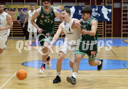 Basketball 2. Liga 2025/2026. Grunddurchgang 8. Runde.  KOS gegen Dornbirn Lions.  Samuel Seher (KOS),  Lennox Lasinger (Dornbirn). Klagenfurt, am 29.11.2025.
Foto: Kuess
---
pressefotos, pressefotografie, kuess, qs, qspictures, sport, bild, bilder, bilddatenbank