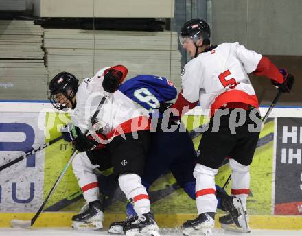 Eishockey. Laenderspiel U20 Oesterreich gegen Slowenien.  Jonathan Oschgan, Gerrit Boehs  (AUT).  Ferlach, am 3.12.2025.
Foto: Kuess
www.qspictures.net
---
pressefotos, pressefotografie, kuess, qs, qspictures, sport, bild, bilder, bilddatenbank