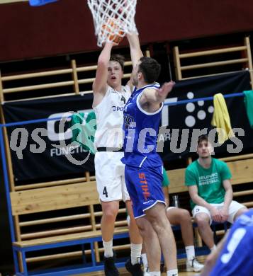 Basketball 2. Liga 2025/2026. Grunddurchgang 9. Runde.  KOS gegen Kufstein Towers.  Samuel Seher  (KOS), Pol Canovas  (Kufstein). Klagenfurt, am 8.12.2025.
Foto: Kuess
---
pressefotos, pressefotografie, kuess, qs, qspictures, sport, bild, bilder, bilddatenbank