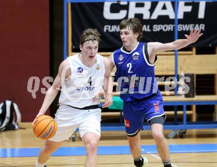 Basketball 2. Liga 2025/2026. Grunddurchgang 9. Runde.  KOS gegen Kufstein Towers.  Samuel Seher  (KOS),  Pauls Miglinieks (Kufstein). Klagenfurt, am 8.12.2025.
Foto: Kuess
---
pressefotos, pressefotografie, kuess, qs, qspictures, sport, bild, bilder, bilddatenbank