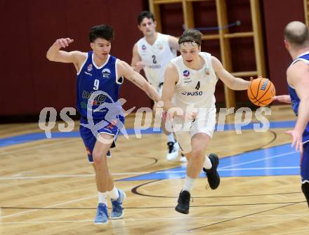 Basketball 2. Liga 2025/2026. Grunddurchgang 9. Runde.  KOS gegen Kufstein Towers.  Samuel Seher  (KOS), Maximilian Girschik  (Kufstein). Klagenfurt, am 8.12.2025.
Foto: Kuess
---
pressefotos, pressefotografie, kuess, qs, qspictures, sport, bild, bilder, bilddatenbank