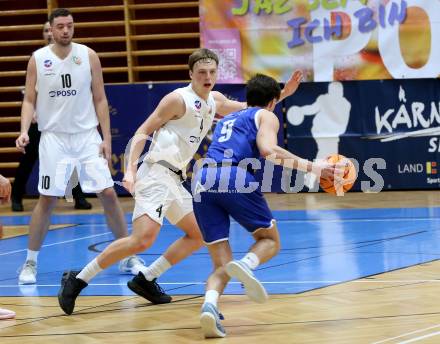 Basketball 2. Liga 2025/2026. Grunddurchgang 9. Runde.  KOS gegen Kufstein Towers.  Samuel Seher  (KOS),  Maximilian Girschik (Kufstein). Klagenfurt, am 8.12.2025.
Foto: Kuess
---
pressefotos, pressefotografie, kuess, qs, qspictures, sport, bild, bilder, bilddatenbank
