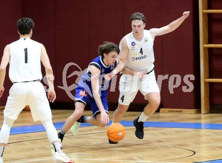 Basketball 2. Liga 2025/2026. Grunddurchgang 9. Runde.  KOS gegen Kufstein Towers.  Samuel Seher  (KOS),  Pauls Miglinieks (Kufstein). Klagenfurt, am 8.12.2025.
Foto: Kuess
---
pressefotos, pressefotografie, kuess, qs, qspictures, sport, bild, bilder, bilddatenbank