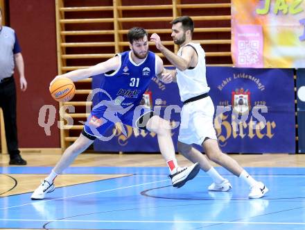 Basketball 2. Liga 2025/2026. Grunddurchgang 9. Runde.  KOS gegen Kufstein Towers.  Marin Sliskovic (KOS),  Arnaud Revaz (Kufstein). Klagenfurt, am 8.12.2025.
Foto: Kuess
---
pressefotos, pressefotografie, kuess, qs, qspictures, sport, bild, bilder, bilddatenbank
