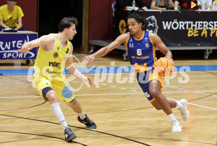 Basketball 2. Liga 2025/2026. Grunddurchgang 8. Runde. Woerthersee Piraten  gegen BBU Salzburg.  Elias Podany  (Piraten),  Samuel Gatterbauer   (Salzburg). Klagenfurt, am 13.12.2025.
Foto: Kuess
---
pressefotos, pressefotografie, kuess, qs, qspictures, sport, bild, bilder, bilddatenbank