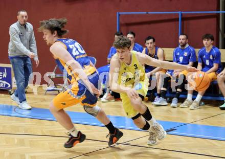 Basketball 2. Liga 2025/2026. Grunddurchgang 8. Runde. Woerthersee Piraten  gegen BBU Salzburg. Lukas Simoner  (Piraten), Alex Donath  (Salzburg). Klagenfurt, am 13.12.2025.
Foto: Kuess
---
pressefotos, pressefotografie, kuess, qs, qspictures, sport, bild, bilder, bilddatenbank