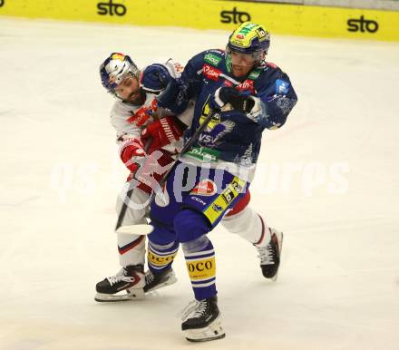Eishockey ICE Bundesliga.  Winn2day ICE Hockey League. VSV gegen EC Red Bull Salzburg.  Luca Erne  (VSV),    Peter Schneider (RBS). Villach am 12.12.2025.
Foto: Kuess
www.qspictures.net
---
pressefotos, pressefotografie, kuess, qs, qspictures, sport, bild, bilder, bilddatenbank