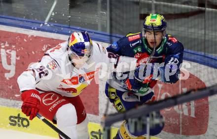 Eishockey ICE Bundesliga.  Winn2day ICE Hockey League. VSV gegen EC Red Bull Salzburg.  Elias Wallenta  (VSV), Dennis Robertson   (RBS). Villach am 12.12.2025.
Foto: Kuess
www.qspictures.net
---
pressefotos, pressefotografie, kuess, qs, qspictures, sport, bild, bilder, bilddatenbank
