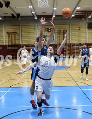 Basketball 2. Liga 2025/2026. Grunddurchgang 11. Runde.  KOS Celovec gegen Vienna Timberwolves.  Jernej Andolsek Heine (KOS), Armin Karian  (Vienna). Klagenfurt, am 20.12.2025.
Foto: Kuess
---
pressefotos, pressefotografie, kuess, qs, qspictures, sport, bild, bilder, bilddatenbank