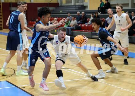 Basketball 2. Liga 2025/2026. Grunddurchgang 11. Runde.  KOS Celovec gegen Vienna Timberwolves.  Jernej Andolsek Heine (KOS),  Dean-Leon Cantor (Vienna). Klagenfurt, am 20.12.2025.
Foto: Kuess
---
pressefotos, pressefotografie, kuess, qs, qspictures, sport, bild, bilder, bilddatenbank