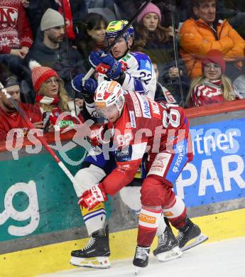 Eishockey ICE Bundesliga.  Winn2day ICE Hockey League. KAC gegen VSV. Thimo Nickl  (KAC),   Nikita Scherbak (VSV). Klagenfurt, am 27.12.2025.
Foto: Kuess
www.qspictures.net
---
pressefotos, pressefotografie, kuess, qs, qspictures, sport, bild, bilder, bilddatenbank