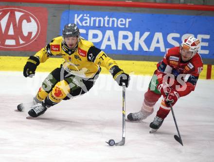 Eishockey ICE Bundesliga.  Winn2day ICE Hockey League. KAC gegen HC Falkenstein Pustertal.  Simeon Schwinger  (KAC),  Greg DiTomaso  (Pustertal). Klagenfurt, am 5.1.2026
Foto: Kuess
www.qspictures.net
---
pressefotos, pressefotografie, kuess, qs, qspictures, sport, bild, bilder, bilddatenbank