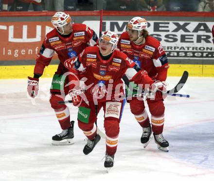 Eishockey ICE Bundesliga.  Winn2day ICE Hockey League. KAC gegen HC Falkenstein Pustertal Torjubel David Waschnig,  Mathias From, Mario Kempe (KAC). Klagenfurt, am 5.1.2026
Foto: Kuess
www.qspictures.net
---
pressefotos, pressefotografie, kuess, qs, qspictures, sport, bild, bilder, bilddatenbank
