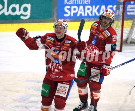 Eishockey ICE Bundesliga.  Winn2day ICE Hockey League. KAC gegen HC Falkenstein Pustertal Torjubel David Waschnig, Mario Kempe (KAC). Klagenfurt, am 5.1.2026
Foto: Kuess
www.qspictures.net
---
pressefotos, pressefotografie, kuess, qs, qspictures, sport, bild, bilder, bilddatenbank