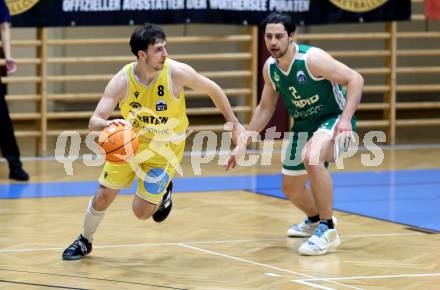 Basketball 2. Liga 2025/2026. Grunddurchgang 12. Runde.  Woerthersee Piraten gegen Basketball Klub Rapid Wien.  Elias Podany (Piraten),  Armin Zebardjedan (Wien). Klagenfurt, am 6.1.2026
Foto: Kuess
---
pressefotos, pressefotografie, kuess, qs, qspictures, sport, bild, bilder, bilddatenbank