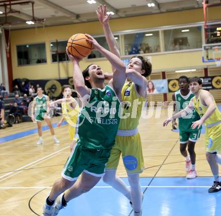 Basketball 2. Liga 2025/2026. Grunddurchgang 12. Runde.  Woerthersee Piraten gegen Basketball Klub Rapid Wien.   Emilio Rozmann (Piraten),  Armin Zebardjedan (Wien). Klagenfurt, am 6.1.2026
Foto: Kuess
---
pressefotos, pressefotografie, kuess, qs, qspictures, sport, bild, bilder, bilddatenbank