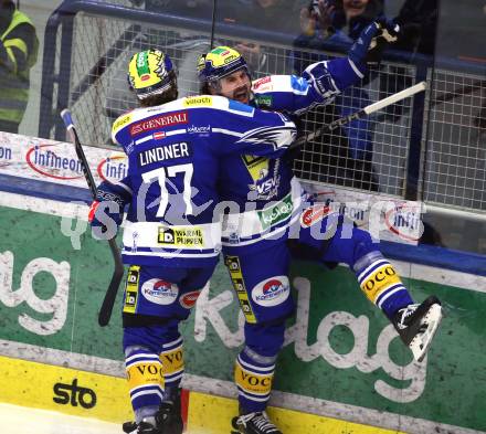 Eishockey ICE Bundesliga.  Winn2day ICE Hockey League. VSV gegen KAC.  Torjubel Adam Helewka, Philipp Lindner (VSV). Villach, am 9.1.2026.
Foto: Kuess
www.qspictures.net
---
pressefotos, pressefotografie, kuess, qs, qspictures, sport, bild, bilder, bilddatenbank