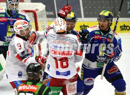 Eishockey ICE Bundesliga.  Winn2day ICE Hockey League. VSV gegen KAC. Philipp Lindner, Kevin Hancock  (VSV), Simeon Schwinger, Jan Mursak   (KAC). Villach, am 9.1.2026.
Foto: Kuess
www.qspictures.net
---
pressefotos, pressefotografie, kuess, qs, qspictures, sport, bild, bilder, bilddatenbank