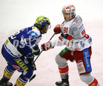 Eishockey ICE Bundesliga.  Winn2day ICE Hockey League. VSV gegen KAC. Adam Helewka  (VSV), Finn Van Ee   (KAC). Villach, am 9.1.2026.
Foto: Kuess
www.qspictures.net
---
pressefotos, pressefotografie, kuess, qs, qspictures, sport, bild, bilder, bilddatenbank