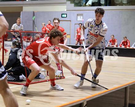 IFL Floorball.  KAC gegen VSV. Lino Roth  (KAC),  David Gredler   (VSV). Klagenfurt, am 10.1.2026.
Foto: Kuess
www.qspictures.net
---
pressefotos, pressefotografie, kuess, qs, qspictures, sport, bild, bilder, bilddatenbank