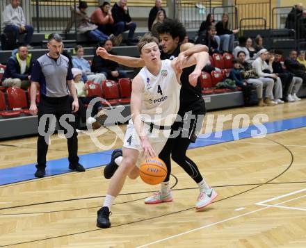 Basketball 2. Liga 2025/2026. Grunddurchgang 13. Runde.  KOS Celovec gegen BK Mattersburg Rocks.  Samuel Seher (KOS),  Yann Grandperret (Mattersburg). Klagenfurt, am 10.1.2026
Foto: Kuess
---
pressefotos, pressefotografie, kuess, qs, qspictures, sport, bild, bilder, bilddatenbank