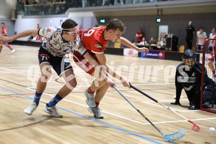 IFL Floorball.  KAC gegen VSV.  Sebastian Flaschberger  (KAC),  Leon Widnig (VSV). Klagenfurt, am 10.1.2026.
Foto: Kuess
www.qspictures.net
---
pressefotos, pressefotografie, kuess, qs, qspictures, sport, bild, bilder, bilddatenbank