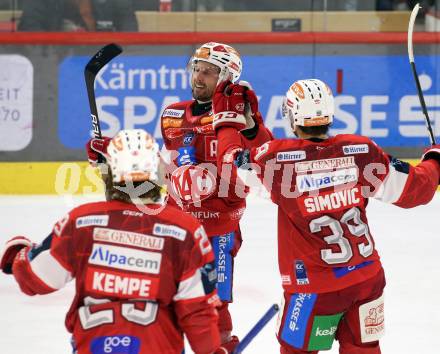 Eishockey ICE Bundesliga.  Winn2day ICE Hockey League. KAC gegen Hydro Fehervar AV 19.  Torjubel Jan Mursak, Filip Simovic, Mario Kempe  (KAC). Klagenfurt, am 16.1.2026
Foto: Kuess
www.qspictures.net
---
pressefotos, pressefotografie, kuess, qs, qspictures, sport, bild, bilder, bilddatenbank