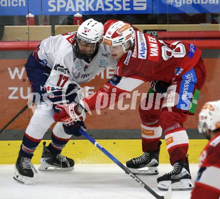 Eishockey ICE Bundesliga.  Winn2day ICE Hockey League. KAC gegen Hydro Fehervar AV 19. Finn Van Ee   (KAC),  Roland Kiss  (Fehervar). Klagenfurt, am 16.1.2026
Foto: Kuess
www.qspictures.net
---
pressefotos, pressefotografie, kuess, qs, qspictures, sport, bild, bilder, bilddatenbank