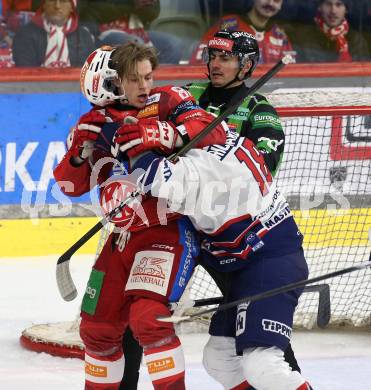 Eishockey ICE Bundesliga.  Winn2day ICE Hockey League. KAC gegen Hydro Fehervar AV 19.  Finn Van Ee  (KAC),  Justin Richards  (Fehervar). Klagenfurt, am 16.1.2026
Foto: Kuess
www.qspictures.net
---
pressefotos, pressefotografie, kuess, qs, qspictures, sport, bild, bilder, bilddatenbank