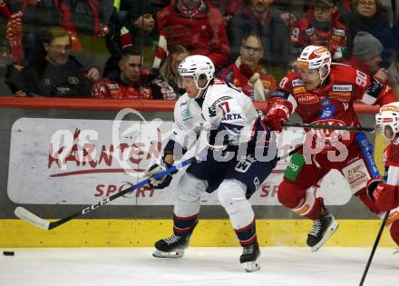 Eishockey ICE Bundesliga.  Winn2day ICE Hockey League. KAC gegen Hydro Fehervar AV 19. Matthew Fraser  (KAC),    Donat Horvath (Fehervar). Klagenfurt, am 16.1.2026
Foto: Kuess
www.qspictures.net
---
pressefotos, pressefotografie, kuess, qs, qspictures, sport, bild, bilder, bilddatenbank